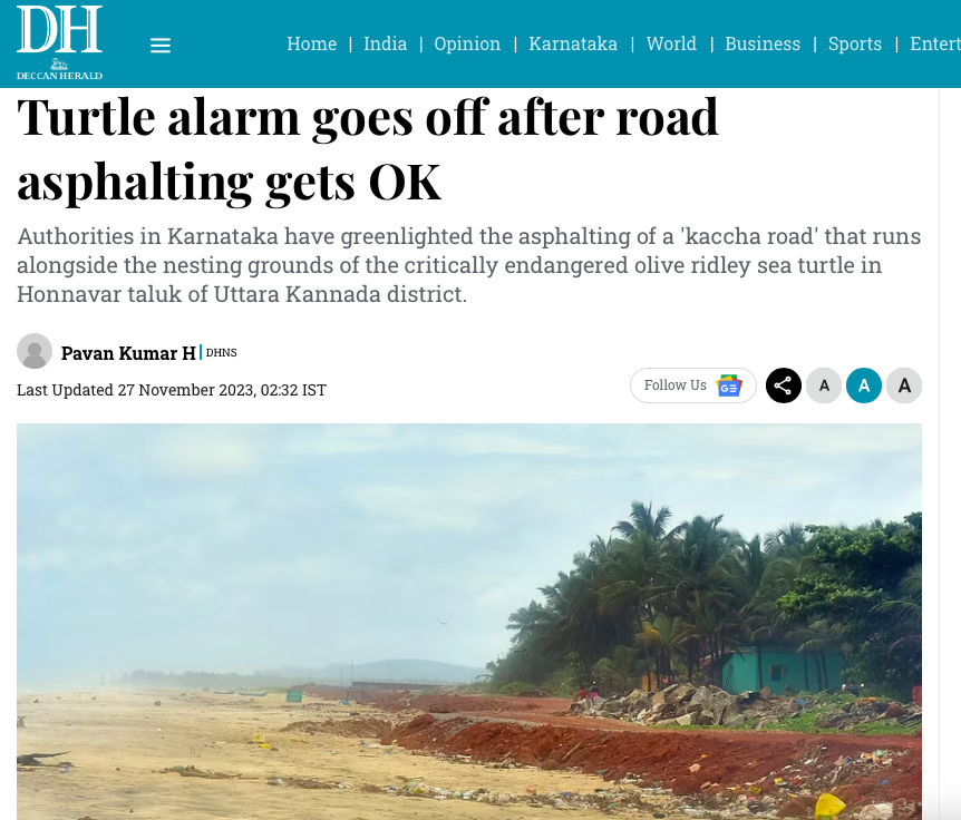 Deccan Herald Writes – Turtle alarm goes off after road asphalting gets ok
